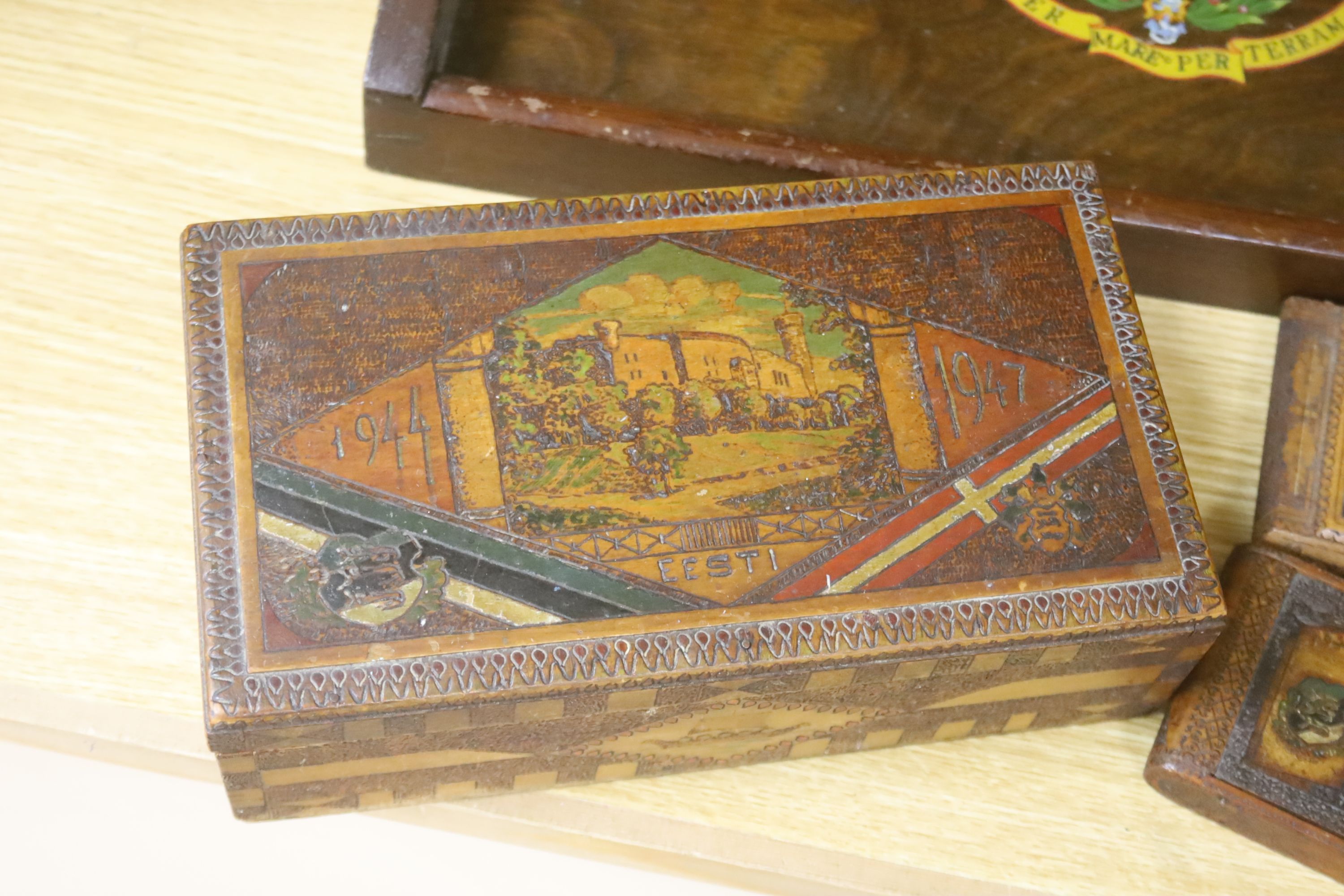 A tray with WWII Gibraltar interest, and three boxes made by displaced WWII Estonians, 48 x 32cm